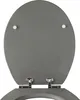 A top-down view of a gray toilet seat with the lid open, showing the hinges. Produktbild-Vorschau