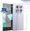 A clear phone case and screen protector are displayed next to a purple smartphone. Produktbild-Vorschau