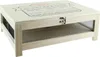A wooden cheese cellar with mesh sides and a serving tray top, displaying text and a latch. Voir les images du produit