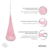 A pink hanging chair with descriptive text and close-up images of its features. Produktbild-Vorschau