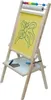 A wooden easel for children with a drawing of a butterfly on the yellow board and art supplies on the tray below. Podgląd zdjęcia produktu