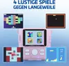 A pink LAMAX InstaKid1 digital camera is shown with four game screens displayed around it, illustrating its gaming capabilities. The text "4 LUSTIGE SPIELE GEGEN LANGEWEILE" (4 fun games against boredom) is at the top. Anteprima dell’immagine prodotto