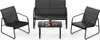 A black outdoor furniture set including two chairs, a bench, and a coffee table with drinks on it, displayed on a white background. Podgląd zdjęcia produktu