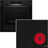 A black oven and a black induction hob are shown side-by-side against a white background. Produktbild-Vorschau