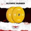 Two yellow Olympic weight plates with '15' printed on them, set against a dark background with red accents and white textured elements. A logo is visible at the bottom. Produktbild-Vorschau