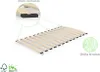 A slatted bed base with a close-up detail of the mounting holes and a circular graphic illustrating birch plywood. Produktbild-Vorschau