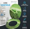 A toilet seat with a green leaf and water drop design, presented with marketing text highlighting its benefits. Produktbild-Vorschau