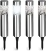 Four stainless steel solar-powered garden lights with clear, textured tops and black stakes are arranged in a row against a white background. Produktbild-Vorschau