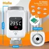 A marketing image showing a smart radiator thermostat, its dimensions, and included accessories. Produktbild-Vorschau