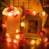 A string of rose-shaped LED lights is arranged around a picture frame and a paper bag. Produktbild-Vorschau