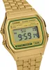 A close-up studio shot of a gold Casio digital watch with a green bezel and a digital display showing the time. Voir les images du produit