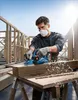 A man is using a Bosch power planer on a wooden beam at a construction site. Produktbild-Vorschau