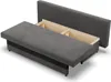 A dark gray sofa with its storage compartment open, showing the wooden interior. The sofa is shown from a slightly elevated diagonal angle against a white background. Produktbild-Vorschau