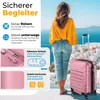 A woman stands with a pink suitcase in front of a scenic backdrop of white buildings and the sea. Produktbild-Vorschau