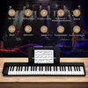 A digital piano is shown on a wooden surface with a stage and band in the background. Icons and text describing features are overlaid on the background. Anteprima dell’immagine prodotto