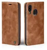 A brown leather flip case for a smartphone is shown from two angles. Produktbild-Vorschau