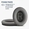 A pair of grey headphone ear pads are shown on a white background. Text describes the product's features. Produktbild-Vorschau