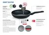 A marketing image showcasing a frying pan with various feature callouts and diagrams. Produktbild-Vorschau