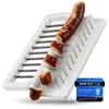 A white plastic device for slicing sausages, with a sliced sausage on it. A promotional badge is in the bottom right corner. Produktbild-Vorschau