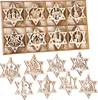 A set of wooden Christmas ornaments in the shape of stars, displayed in a wooden box and also hanging below. Náhľad obrázku produktu