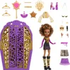 A Monster High doll and accessories are laid out on a white background, with a dollhouse-like accessory in the foreground. Náhľad obrázku produktu