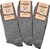 Three pairs of grey wool socks are displayed side-by-side, each with a product tag attached. Produktbild-Vorschau
