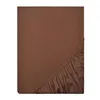 A brown fitted sheet is shown lying flat on a white background. The sheet is folded and the elasticized edge is visible in the bottom right corner. Produktbild-Vorschau