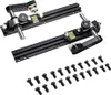 A set of woodworking tools, specifically a table saw push guide system, laid out on a white background with accompanying screws. Produktbild-Vorschau