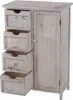 A white, distressed wooden cabinet with four drawers on the left and a single door on the right, set against a white background. Náhled obrázku produktu
