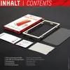 The image shows the contents of a screen protector kit laid out on a black surface. The packaging is visible, along with the screen protector, an application frame, and cleaning accessories. Anteprima dell’immagine prodotto
