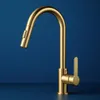 A gold kitchen faucet is shown against a dark blue background. Produktbild-Vorschau