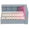 A grey daybed with storage drawers and a slatted mattress base, featuring built-in shelving and pink LED lighting. Produktbild-Vorschau