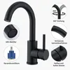 A black kitchen faucet with several callouts highlighting its features. Produktbild-Vorschau