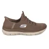 A side view of a brown Skechers slip-on shoe against a white background. Produktbild-Vorschau