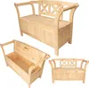 A collage of three images showing a wooden storage bench from different angles. Produktbild-Vorschau