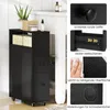 A black slim storage cart with drawers and baskets, shown in a room setting with decorative items on top. The image also includes close-up shots highlighting product features. Náhled obrázku produktu