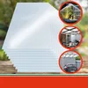 A stack of transparent polycarbonate sheets with three circular insets showing applications: a greenhouse, a patio cover, and a carport. Produktbild-Vorschau