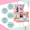 A baby swing with a bear design, surrounded by feature callouts. Produktbild-Vorschau