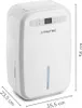 A white dehumidifier with dimensions indicated by measurement lines and text. Produktbild-Vorschau