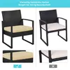 A split image showing two views of a black rattan chair with a beige cushion, and close-ups of the cushion and chair frame. A checkmark and an 'X' symbol are also present. Podgląd zdjęcia produktu
