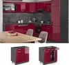 A kitchen scene with red cabinets and a wooden table, along with two separate images of kitchen base cabinets. Náhľad obrázku produktu
