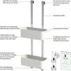 A diagram showing a two-tiered shower caddy with various features highlighted by text labels. Produktbild-Vorschau