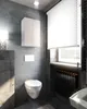 A modern bathroom with a wall-mounted cabinet, toilet, and window with blinds. Voir les images du produit