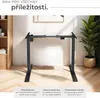 A black adjustable desk frame with text overlays describing its features. Náhled obrázku produktu