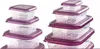 Two stacks of clear plastic food storage containers with purple lids against a white background. Produktbild-Vorschau