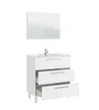 A white bathroom vanity with a sink and faucet, and a mirror above it. The vanity has three drawers, two of which are partially open. Produktbild-Vorschau