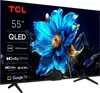 A television screen displaying a vibrant blue flower with water droplets, set against a dark, rocky background. The TCL logo and product specifications are overlaid on the left side of the screen. Produktbild-Vorschau