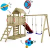 A wooden playground set with a slide, swings, and climbing accessories, set against a white background. Náhľad obrázku produktu