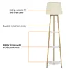 A floor lamp with shelves, with callouts highlighting its features. Podgląd zdjęcia produktu