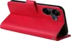 A red flip case for a smartphone is shown open, revealing the phone's camera module. Produktbild-Vorschau